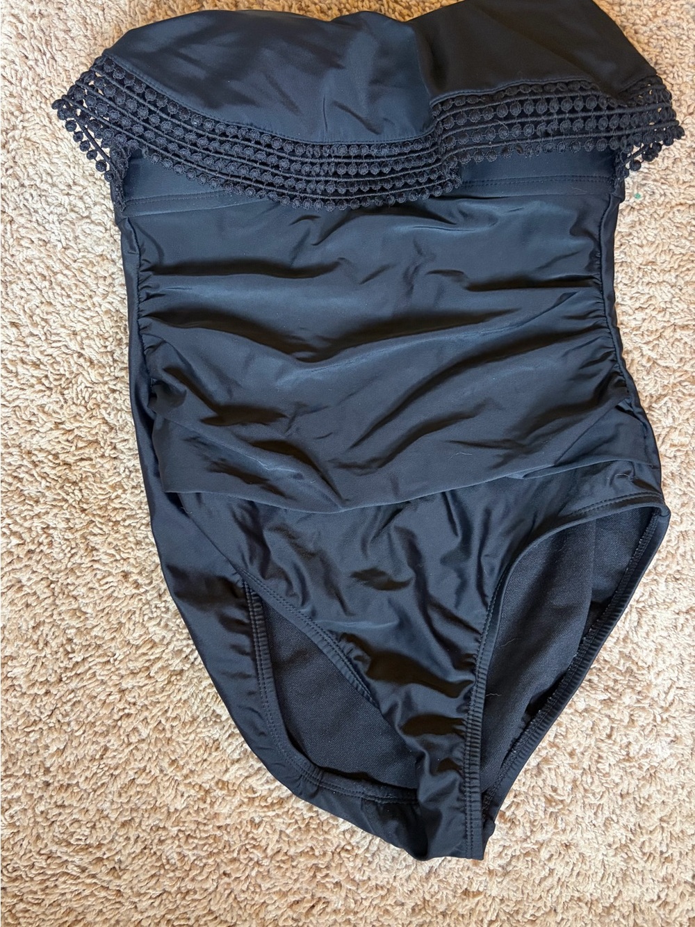 Black Strapless One-Piece Swimsuit with Crochet Trim